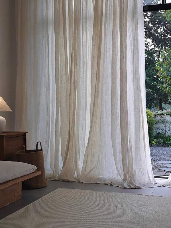 1pc Linen-Style White Sheer Curtain, Japanese/Vintage Style For Living Room Bedroom Cafe, Translucent